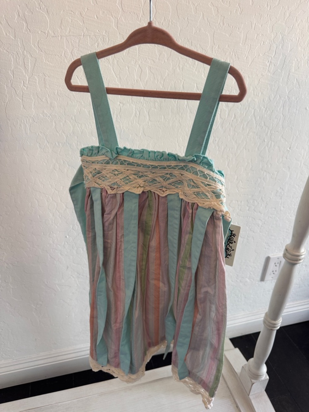 Girls Pastel Striped Sundress with Lace Trim - Mint Straps